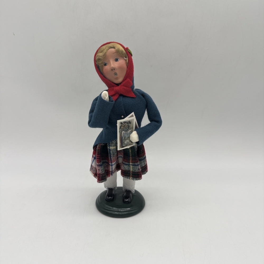 Byers' Choice Caroler Girl w/ Postcards Figure Blue Sweater Plaid Skirt 2010